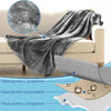 A gray flannel blanket draped over a sofa, with close-ups showing its texture and waterproof layer.
