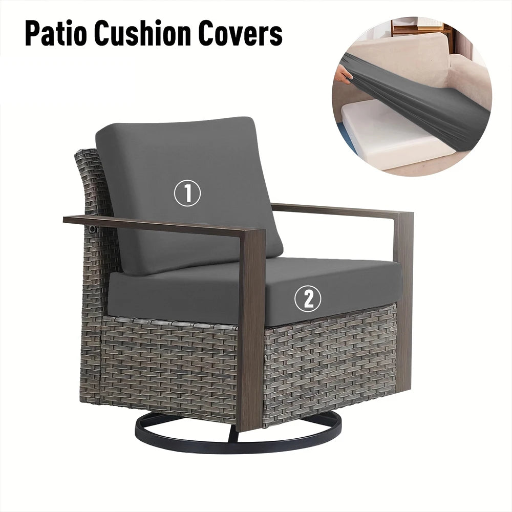 A wicker patio chair with a gray cushion and backrest cover shown with numbered parts.