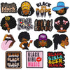 A collection of black and gold embroidered patches featuring text like Black and dope, Black girl magic, and Black girls been