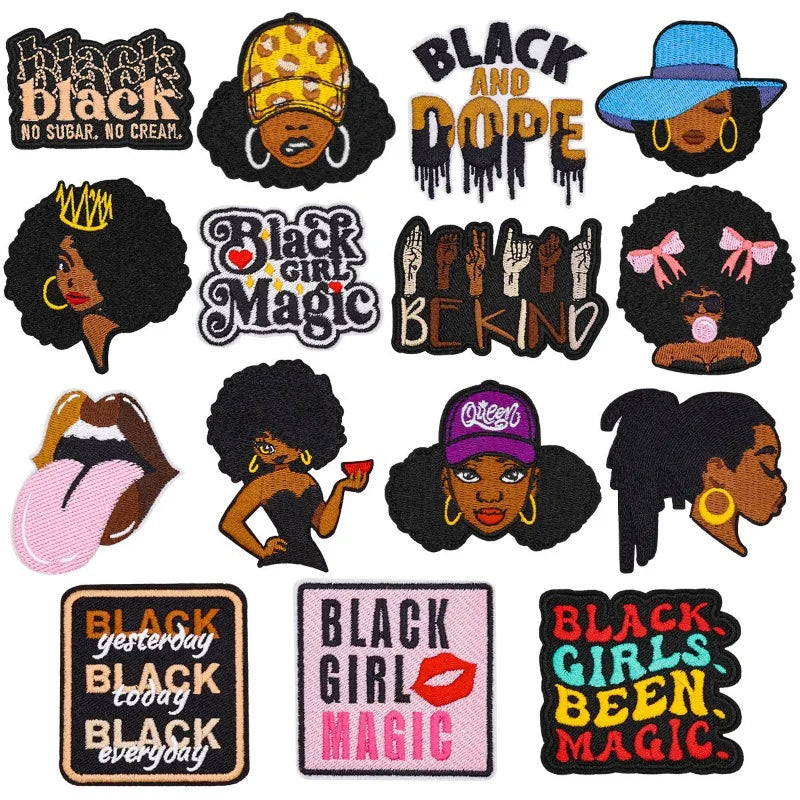 A collection of black and gold embroidered patches featuring text like Black and dope, Black girl magic, and Black girls been