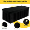 Black stretchable tablecloth with vertical pleats showing anti-scratch and premium quality features