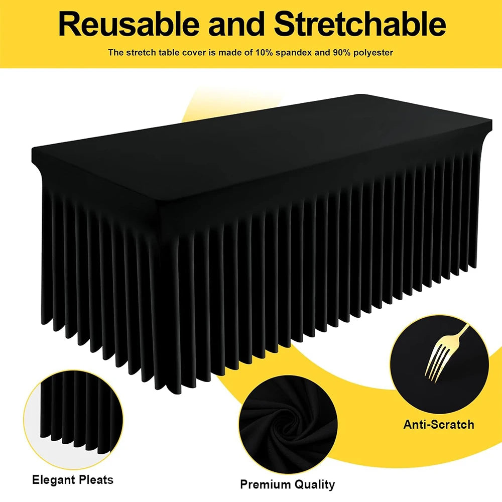 Black stretchable tablecloth with vertical pleats showing anti-scratch and premium quality features