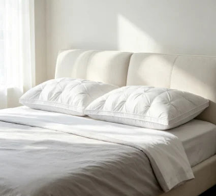 A white hotel-grade memory foam sleeping pillow resting on a white bed with natural light.