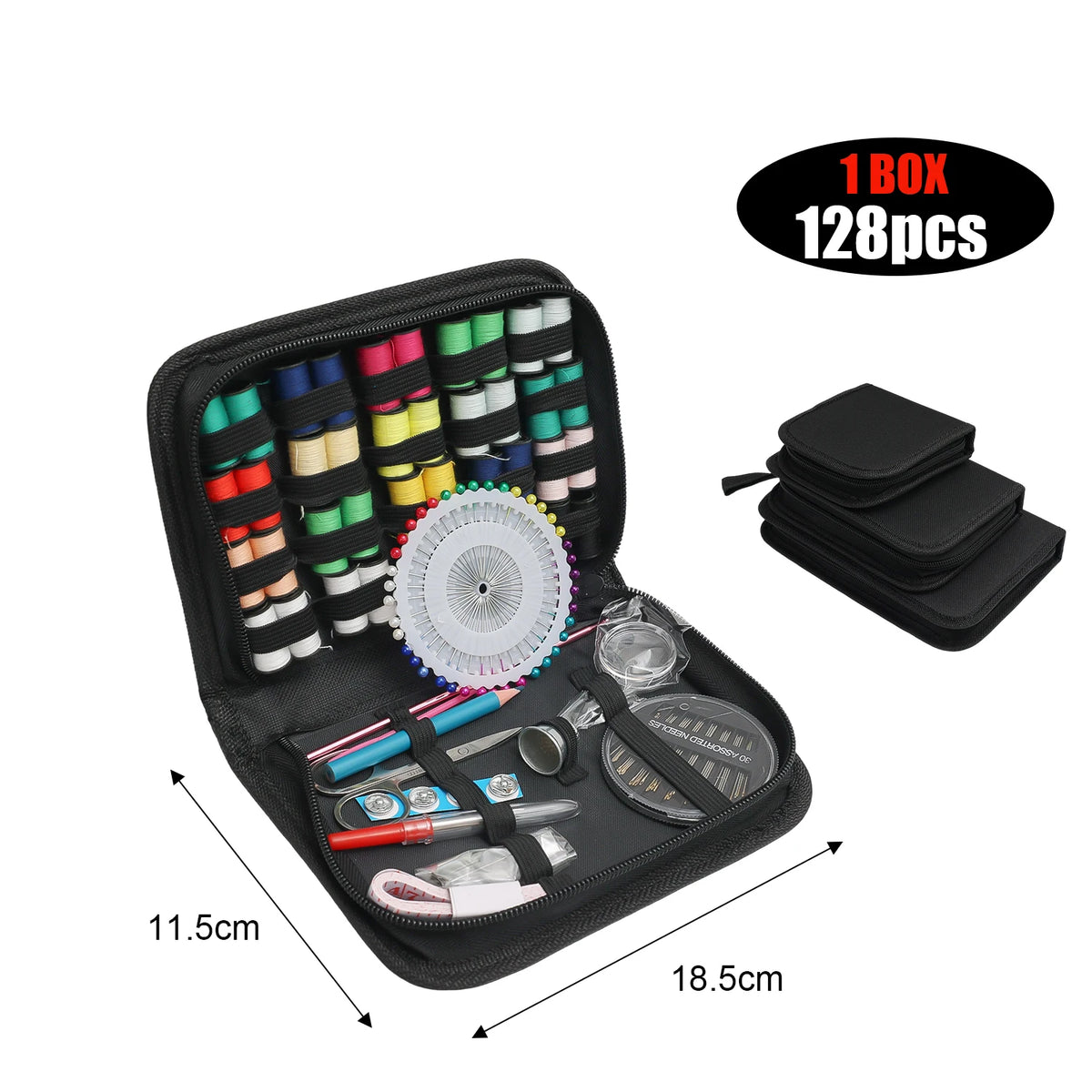 A black sewing kit box containing 128 pieces of multi-function tools and needles.