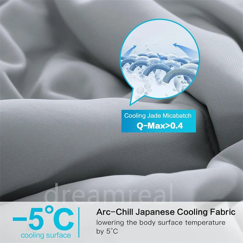 A close-up of a gray cooling fabric blanket being used to lower body surface temperature.