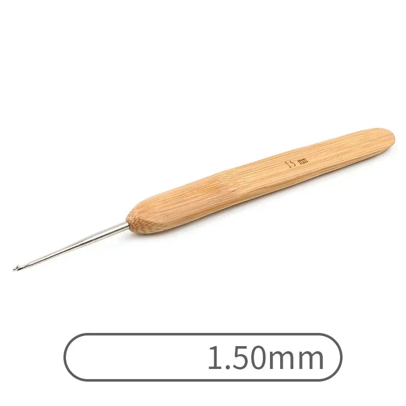 A wooden bamboo crochet knitting needle with a 1.50mm tip and a marked length.