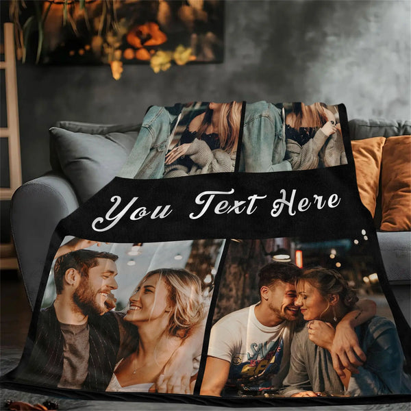 A custom photo printed fleece blanket featuring a collage of romantic couple photos.