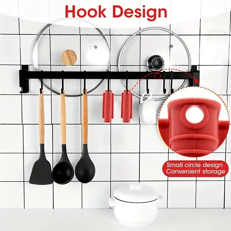 Black and white hook design showing silicone pot handle covers for cast iron pans and a white lid.