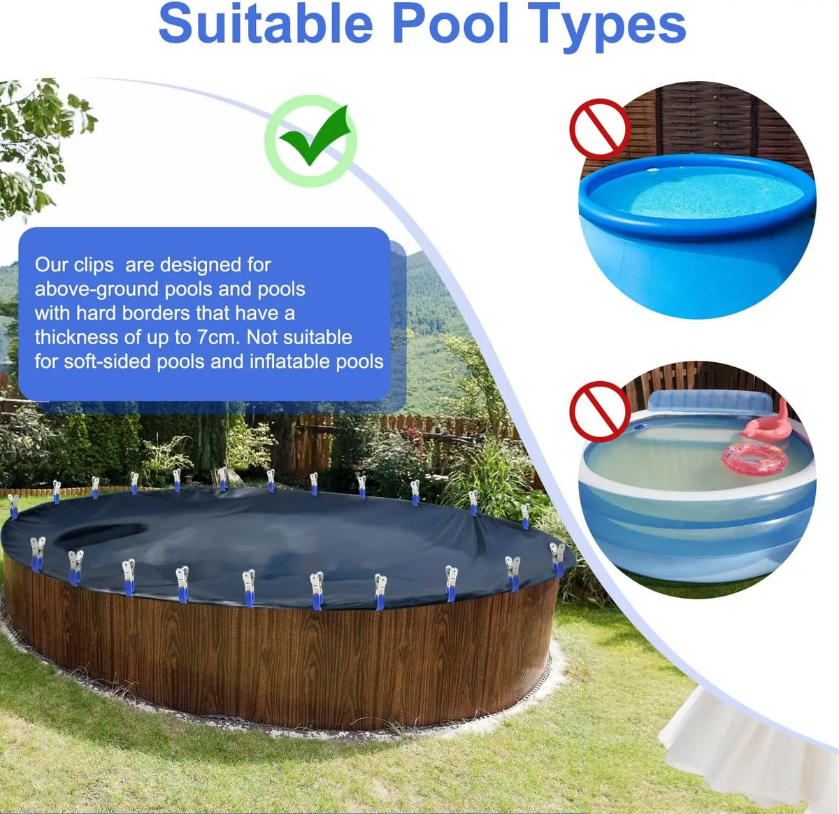 Image showing pool cover clips suitable for above-ground and hard-sided pools, with examples of suitable and unsuitable pool 