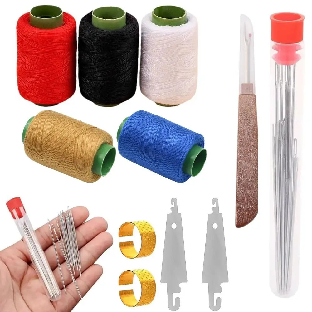 A collection of various colored and sized premium stainless steel sewing needles and thread spools.