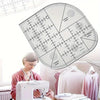 A woman uses an acrylic quilting ruler with corner templates for sewing and patchwork on fabric.