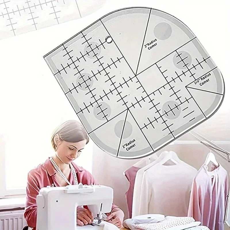 A woman uses an acrylic quilting ruler with corner templates for sewing and patchwork on fabric.