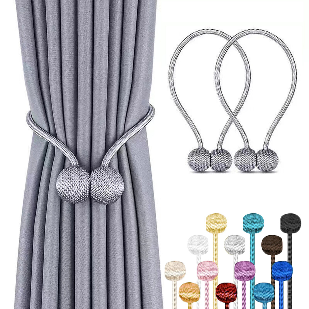 Silver minimalist magnetic ball curtain tiebacks and various colored metal tiebacks