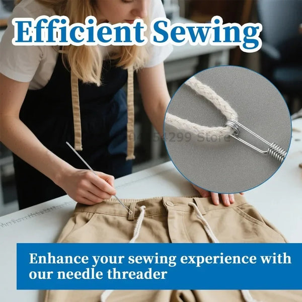 A hand is using a needle threader tool on beige fabric to enhance sewing experience.