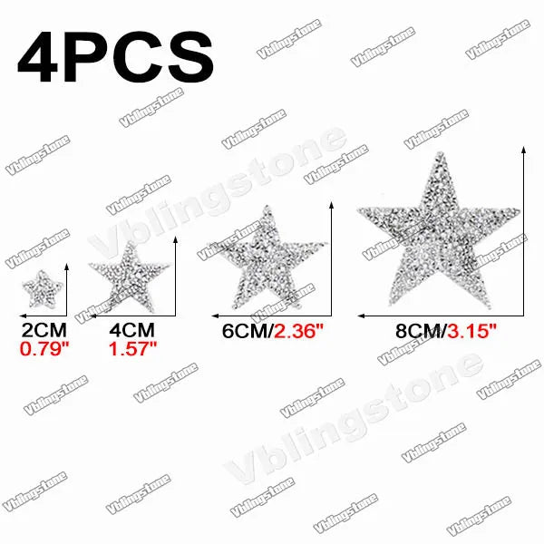 Four pieces of glitter rhinestone iron-on patches, measuring 2cm to 8cm in size.