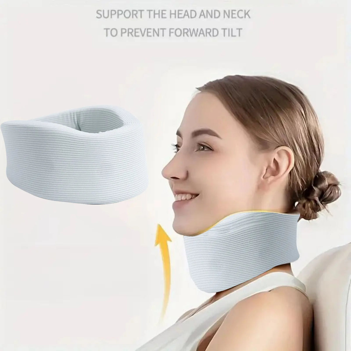 A woman is wearing a white and blue cervical neck support brace designed to prevent forward tilt.