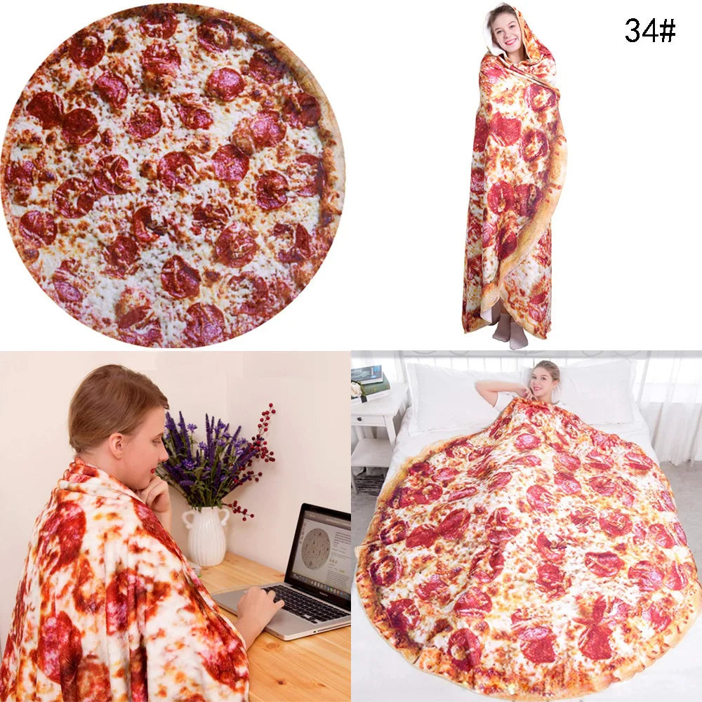 A red and white patterned blanket throw featuring a pizza design, shown draped on a person and as a large blanket.