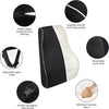 Various views of a memory foam lumbar support pillow showing its design features like stitching and breathable mesh cloth.