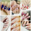 A collection of manicured hands displaying various nail art designs featuring glitter, rhinestones, and pastel colors.
