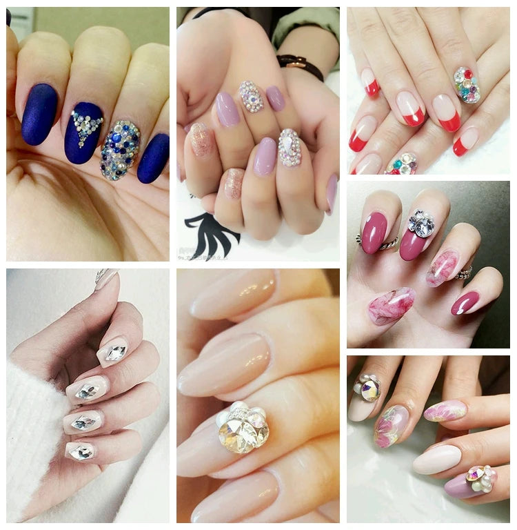 A collection of manicured hands displaying various nail art designs featuring glitter, rhinestones, and pastel colors.