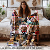 A funny monkey print flannel blanket draped over a bed, featuring various monkey faces.