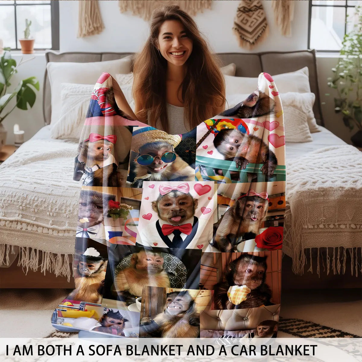 A funny monkey print flannel blanket draped over a bed, featuring various monkey faces.