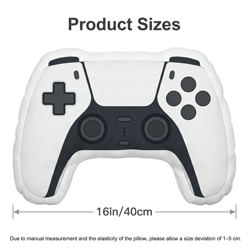 A white gamer controller plush throw pillow shown flat for size reference.