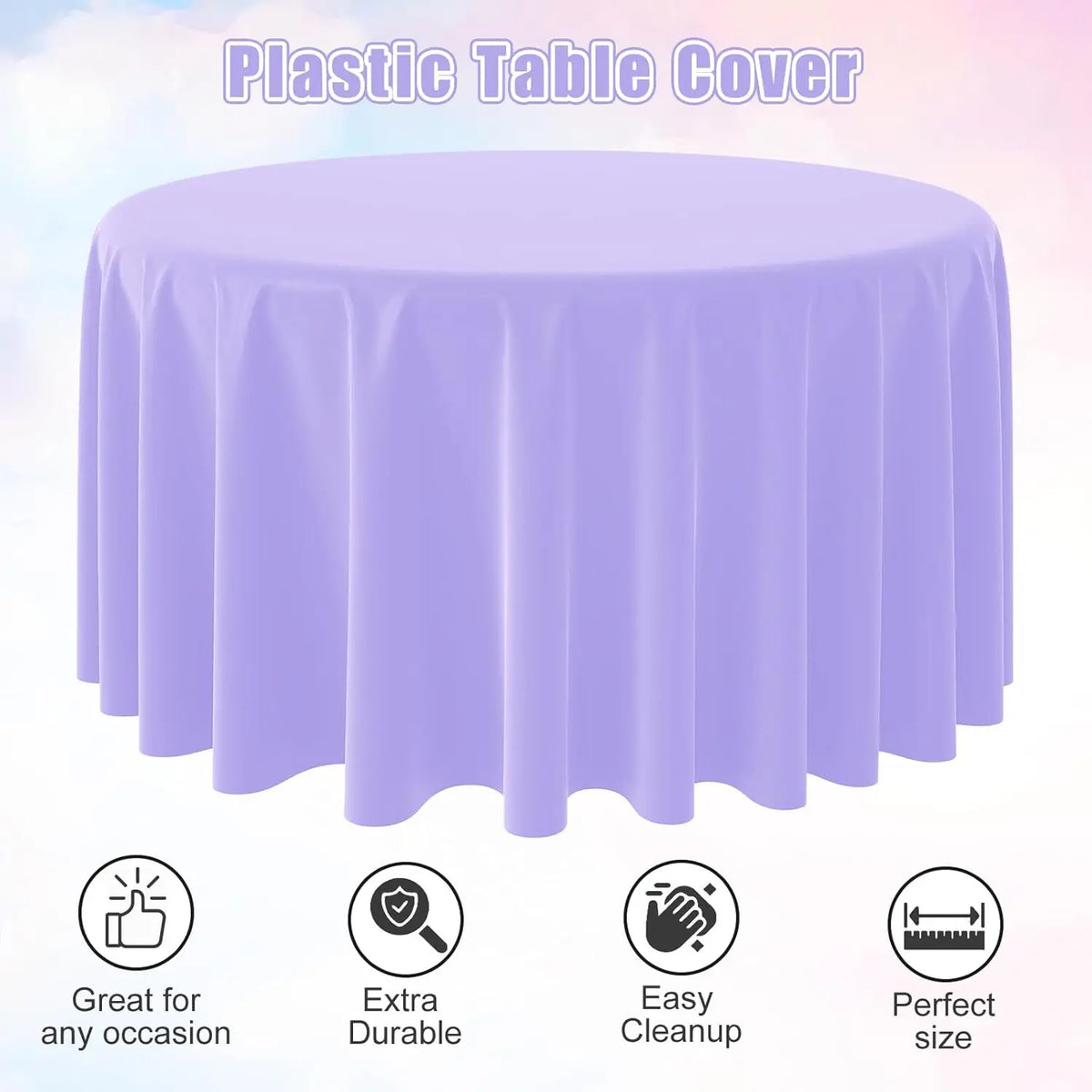 Purple plastic disposable table cover shown in a full circle, highlighting its durability and ease of use.