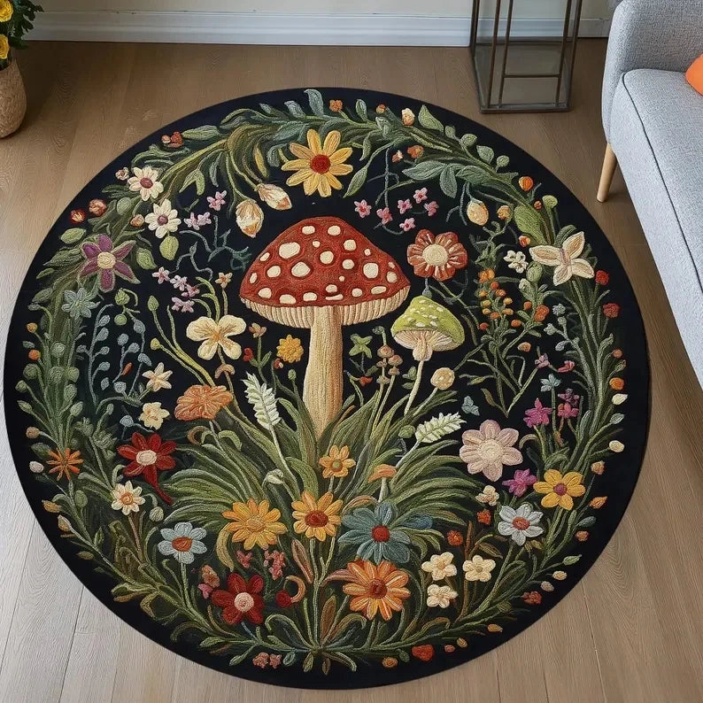 A round rug featuring a detailed, colorful botanical pattern of various flowers and mushrooms on a black background.