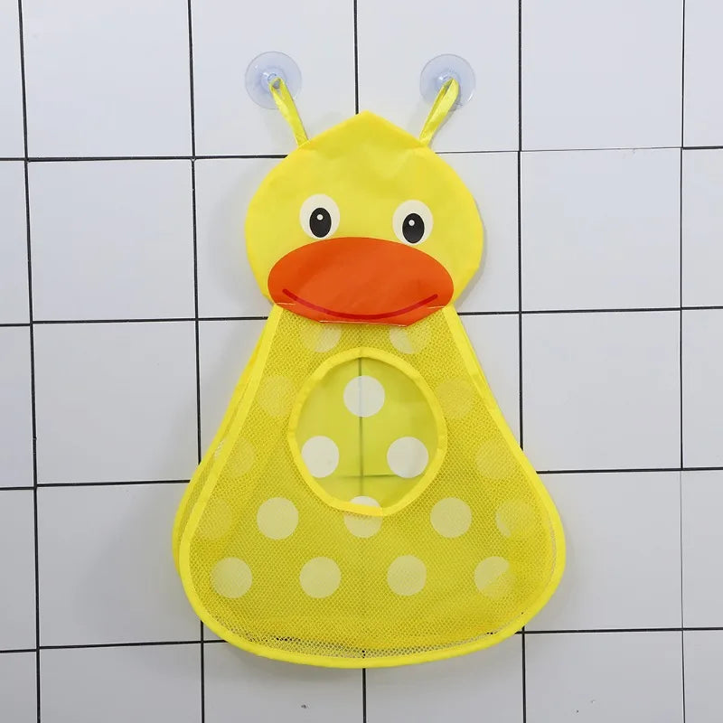 Yellow cartoon duck mesh bath toy organizer with adhesive hooks and an orange beak