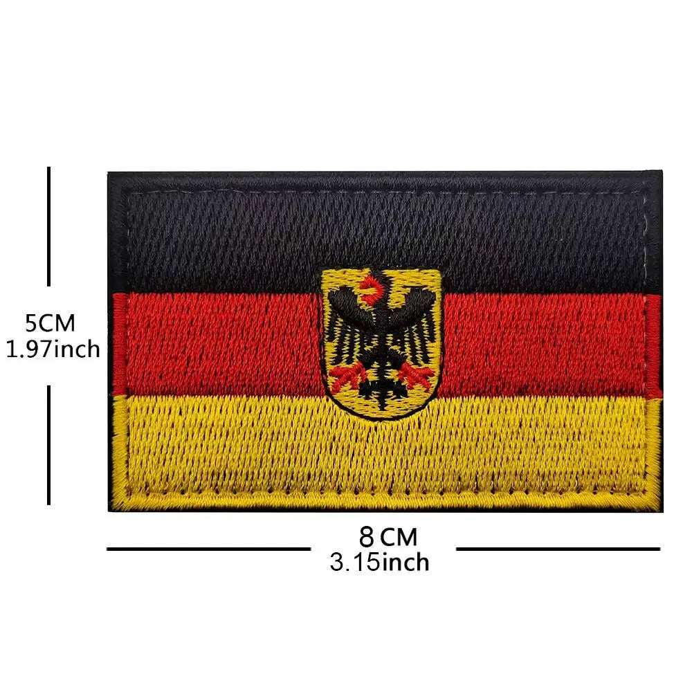 Embroidered Germany flag patch featuring black, red, and gold horizontal stripes with an imperial eagle emblem.