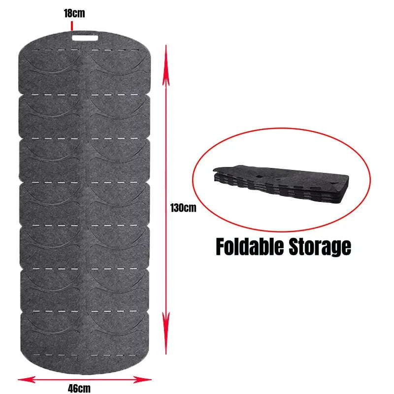 A gray felt hat storage rack with a foldable storage design shown in various dimensions.