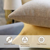 Close-up of a beige cushion cover showing features like an invisible zipper, resistance to deformation, and clear texture.