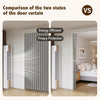 Comparison of two states of a door curtain showing energy efficient and privacy protection features.