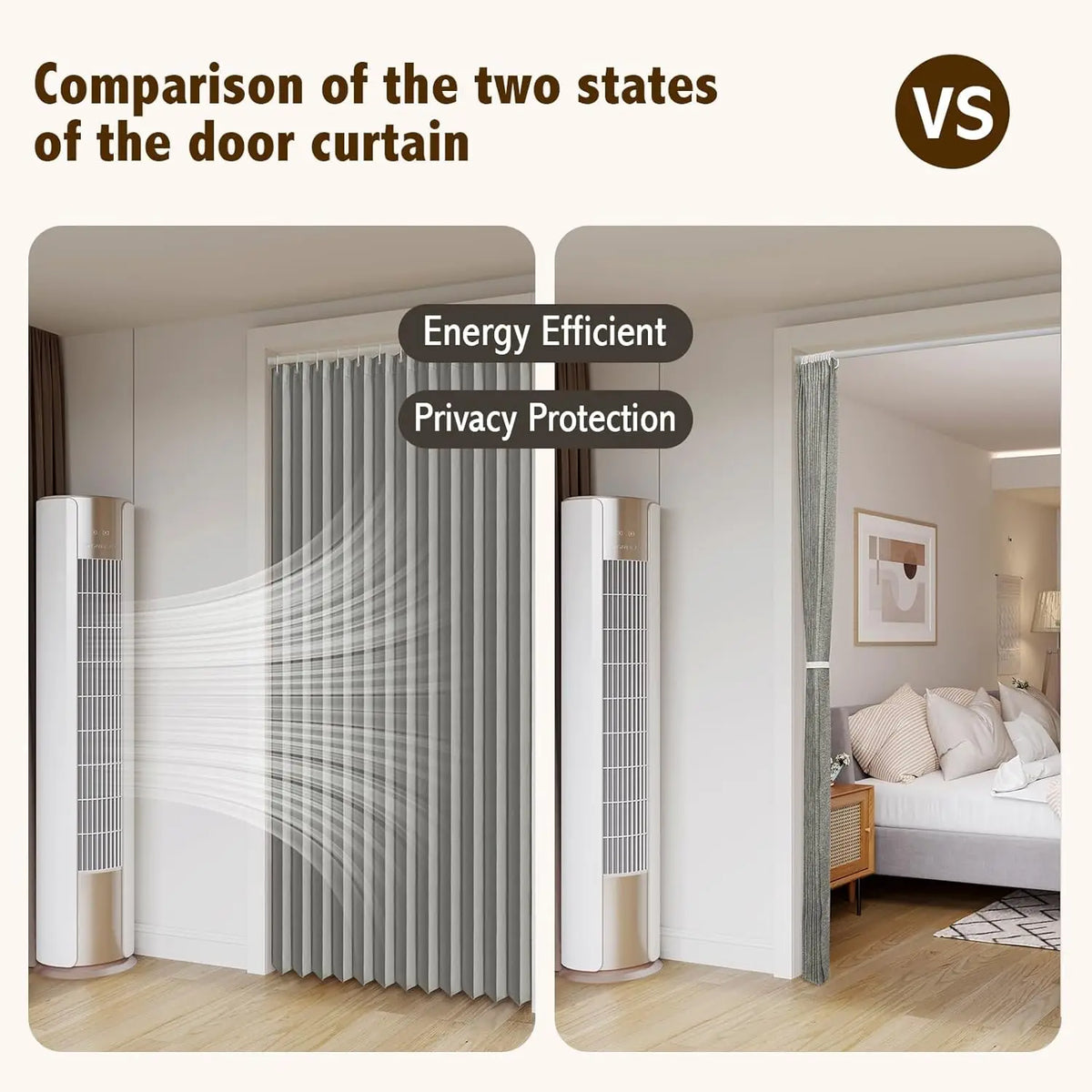 Comparison of two states of a door curtain showing energy efficient and privacy protection features.