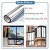 A diagram showing the features of Gem Silver One-Way Daytime Privacy Window Film, including UV and infrared blocking rates.