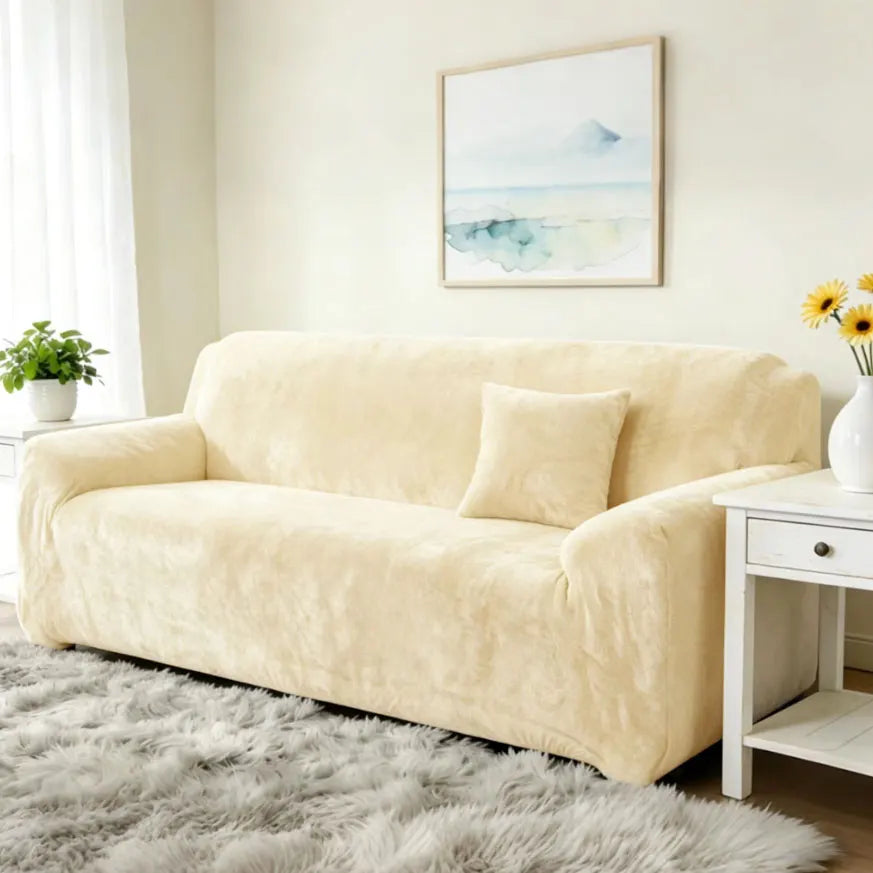 A light beige stretch velvet sofa slipcover with a throw pillow on a white console against a light wall.