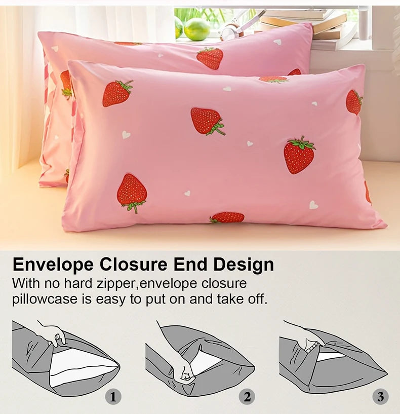 Pink pillowcase with a strawberry print and an envelope closure design