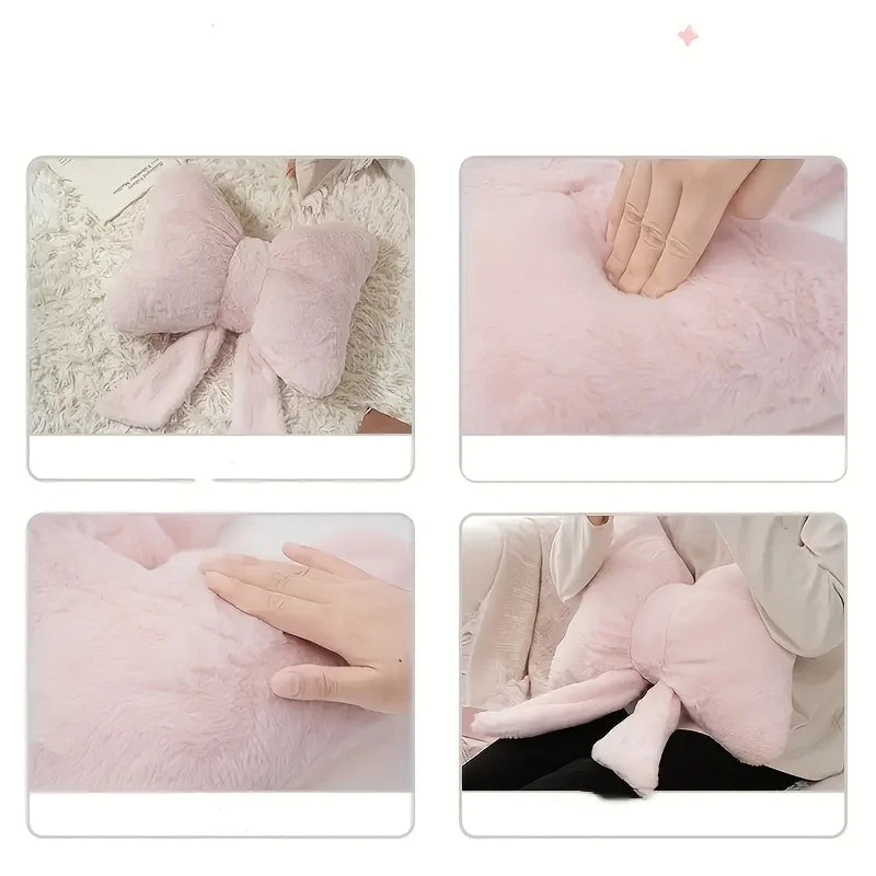 Pink faux fur decorative bow pillow shown in various close-up angles