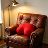 A brown leather armchair with a red cushion sits next to a brass floor lamp.