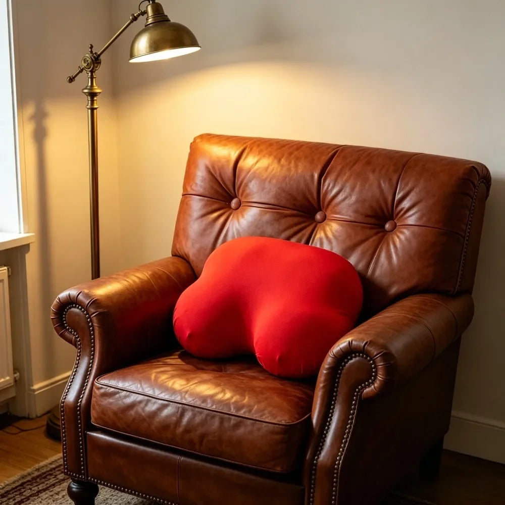 A brown leather armchair with a red cushion sits next to a brass floor lamp.