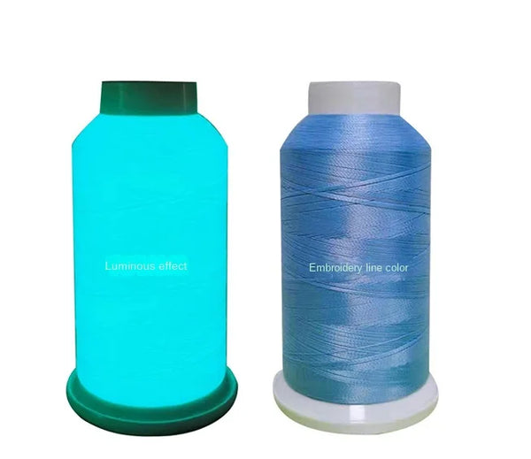 A spool of glow in the dark embroidery line color thread with a luminous effect.