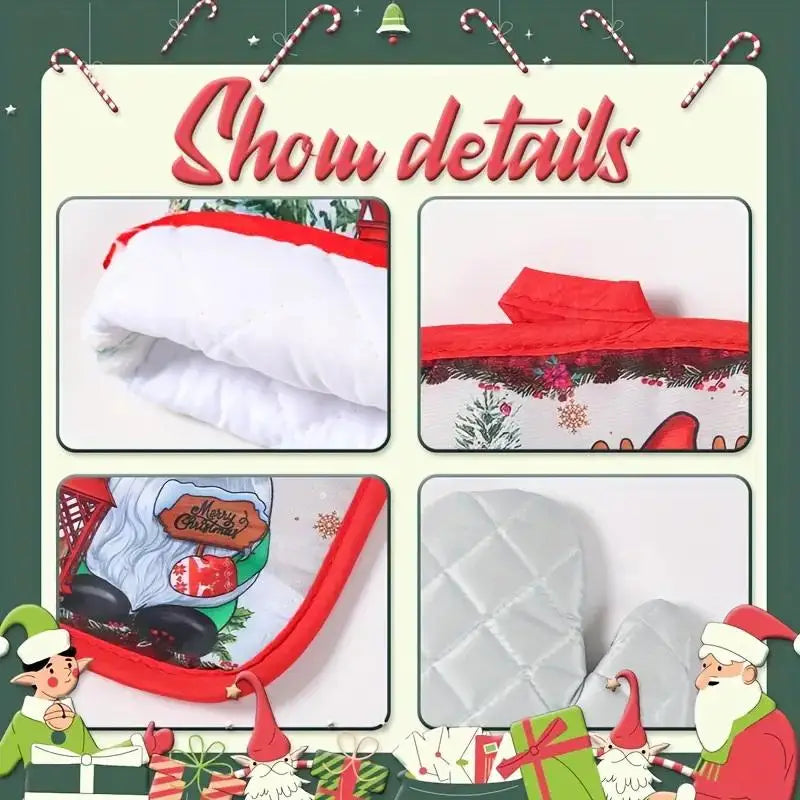 Close-up view of festive Christmas insulated oven mitts featuring Santa and snowman designs in red, white, and green.