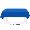 A bright blue rectangular tablecloth is displayed on a white table.