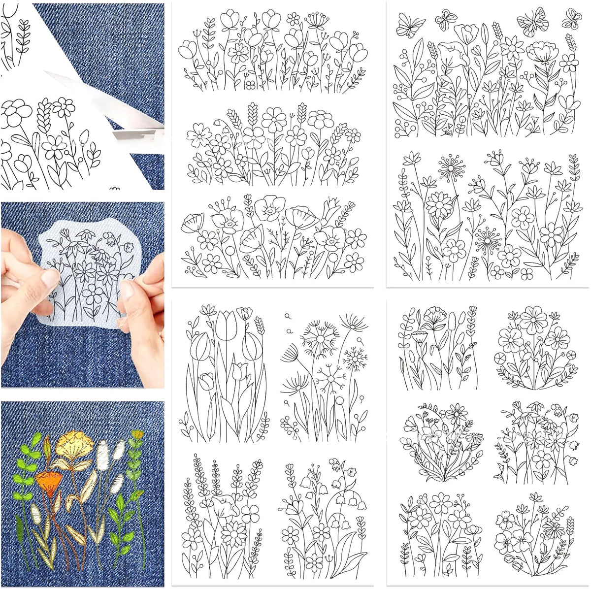 Black line drawings of various floral and botanical patterns for water soluble embroidery stabilizers