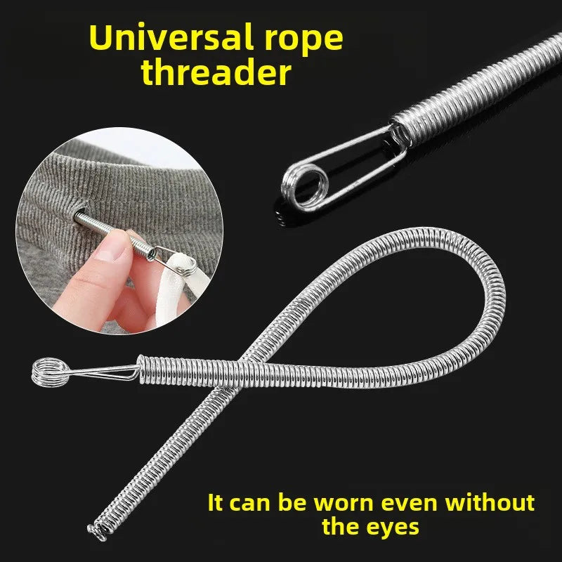 A silver universal rope threader clip is shown with a close-up of its use and an example of it being worn without the eyes.