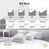 Comparison chart showing EU sizes for single, double, king, and super king comforter sets with pillow cases.