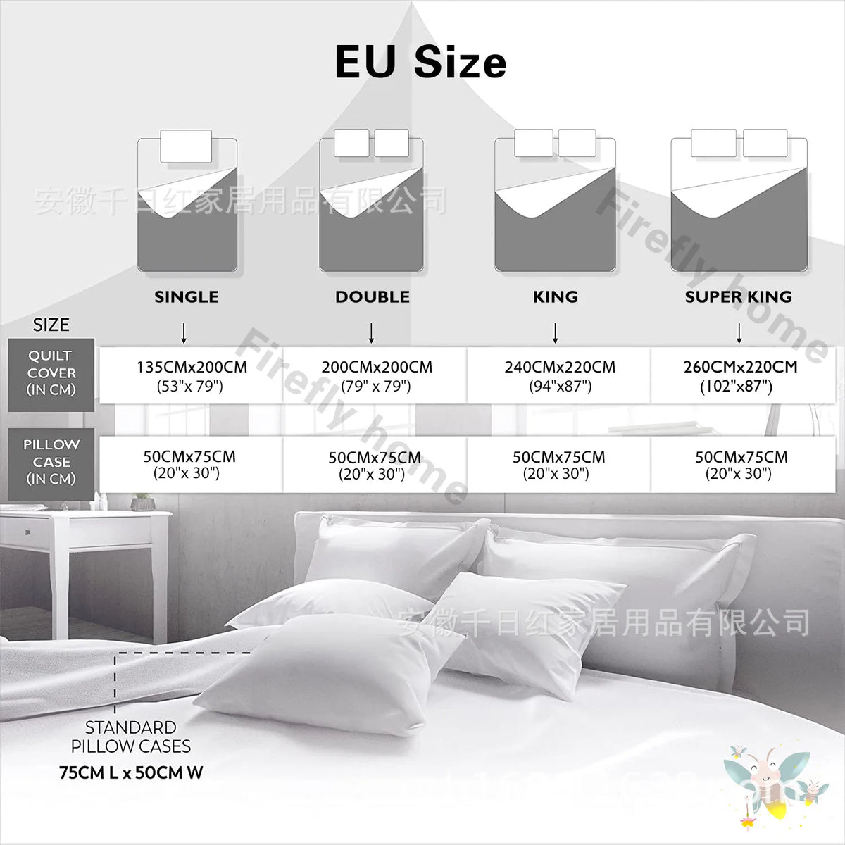 Comparison chart showing EU sizes for single, double, king, and super king comforter sets with pillow cases.