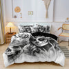 A black and white floral design duvet cover featuring a skull face and roses.