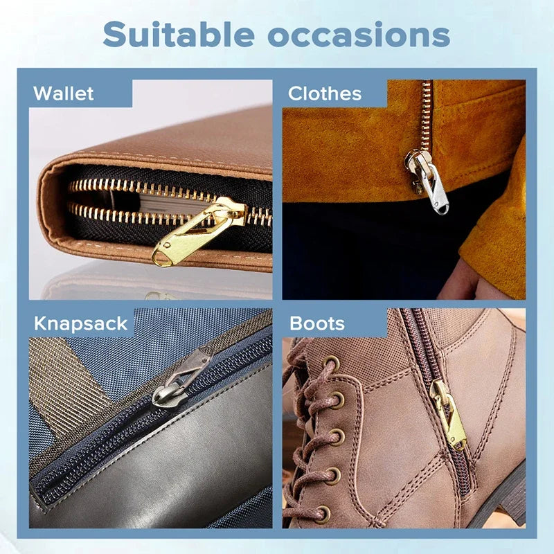 A collection of various items including a wallet, clothes, knapsack, and boots, all featuring metal zippers and sliders.